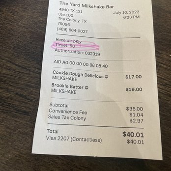 The Yard Milkshake Bar - receipt - Desserts Near Me - The Colony, Texas The Yard Milkshake Bar - receipt - Desserts Near Me - The Colony, Texas