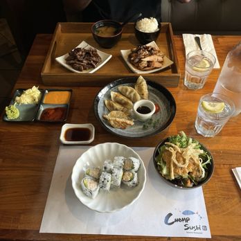 Chomp Rockin' Sushi - 2 Item Lunch Bento Box Combo California Roll Pan Fried Gyoza - Sushi Bars Near Me - Fullerton, California Chomp Rockin' Sushi - 2 Item Lunch Bento Box Combo California Roll Pan Fried Gyoza - Sushi Bars Near Me - Fullerton, California