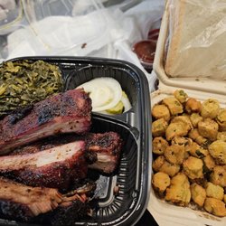 True Texas BBQ - Two meats - lean brisket and ribs with collard greens (salty) and fried okra (salty too)