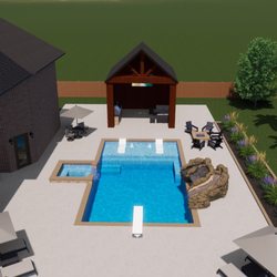 Legacy Custom Pools - Another gorgeous 3D design, boasting with unlimited outdoor fun. Includes an outdoor kitchen, slide, and stunning stonework.