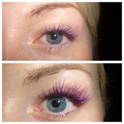 Flirty Lashes - Natural versus volume eyelash extensions with colour to make her blue eyes pop!