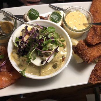 Restaurant PUK - Picked salmon, fried plaice fish, herring with capers and cream sauce, and yet another herring on the top with 2 different sauces - Danish Near Me - Copenhagen, 84 Restaurant PUK - Picked salmon, fried plaice fish, herring with capers and cream sauce, and yet another herring on the top with 2 different sauces - Danish Near Me - Copenhagen, 84