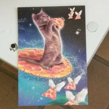 US Post Office - Grey manx kitty cat space-cadet on a pepperoni pizza saucer  eating a slice of pizza in outer space with winged pizza slices. By Hallmark. - Post Offices Near Me - Lansdowne, Pennsylvania