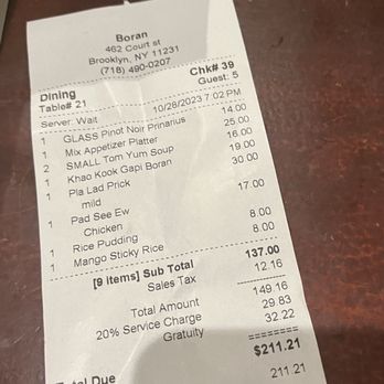 Boran - Bill with auto-gratuity on top of tip - Thai Near Me - Brooklyn, New York
