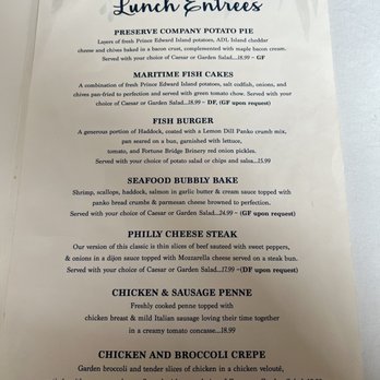 PEI Preserve - The side of the menu with some fun local meals - Bakeries Near Me - New Glasgow, Prince Edward Island