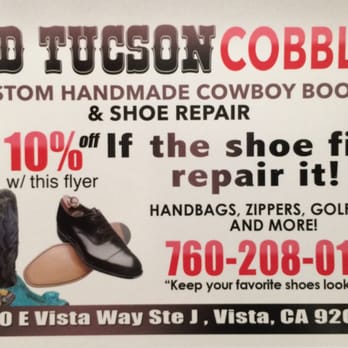 Old Tucson Cobbler - Custom handmade cowboy boots, shoe repair, handbags, zippers, golf bags and more...convenient hours (open late and Saturdays) - Shoe Repair Near Me - Vista, California Old Tucson Cobbler - Custom handmade cowboy boots, shoe repair, handbags, zippers, golf bags and more...convenient hours (open late and Saturdays) - Shoe Repair Near Me - Vista, California