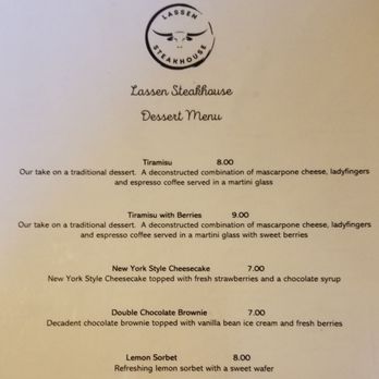 Lassen Steakhouse - Dessert Menu (March 2022) - Steakhouses Near Me - Vina, California