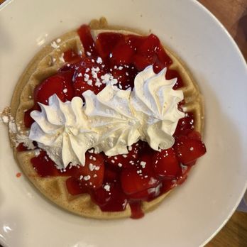 Log Cabin Family Restaurant - Strawberry waffle with REAL whipped cream on not from a can - Breakfast & Brunch Near Me - Baraboo, Wisconsin Log Cabin Family Restaurant - Strawberry waffle with REAL whipped cream on not from a can - Breakfast & Brunch Near Me - Baraboo, Wisconsin