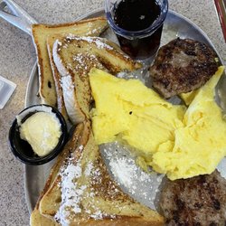 Iron Skillet - Scrambled  eggs with French toast and sausage