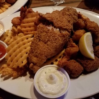 Fish City Grill - Half fried fish, half fried shrimp, waffle fries, and hushpuppies. - Seafood Near Me - Flower Mound, Texas Fish City Grill - Half fried fish, half fried shrimp, waffle fries, and hushpuppies. - Seafood Near Me - Flower Mound, Texas