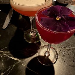 White negroni cocktail and beet mezcal cocktail. (Don't recall cocktail name in menu White negroni cocktail and beet mezcal cocktail. (Don't recall cocktail name in menu