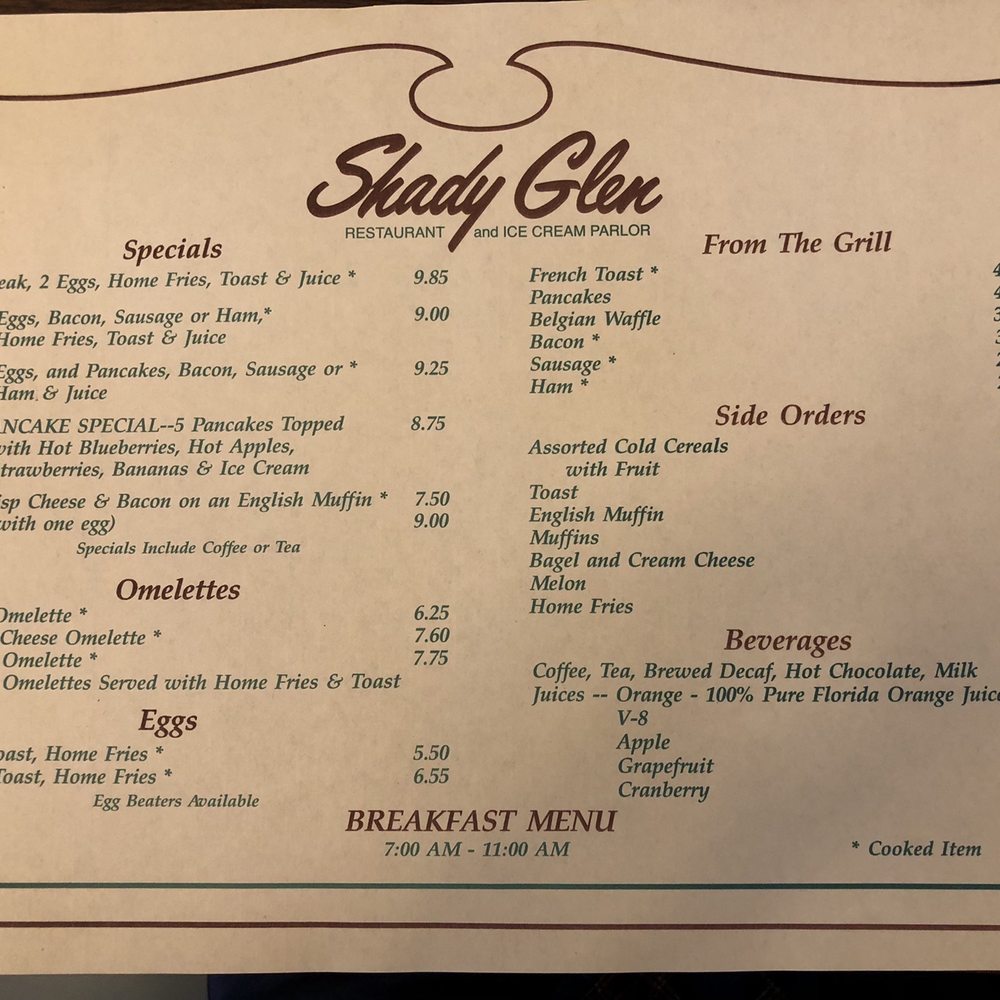 Shady Glen - Breakfast menu - Burgers Near Me - Manchester, Connecticut Shady Glen - Breakfast menu - Burgers Near Me - Manchester, Connecticut