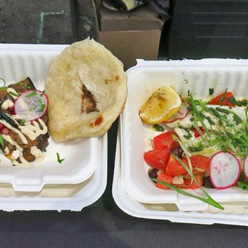 Smorgasburg - Toronto - Eggplant with tahini + pita, grilled / baked fish with potatoes & tomatoes - Street Vendors Near Me - Toronto, Ontario