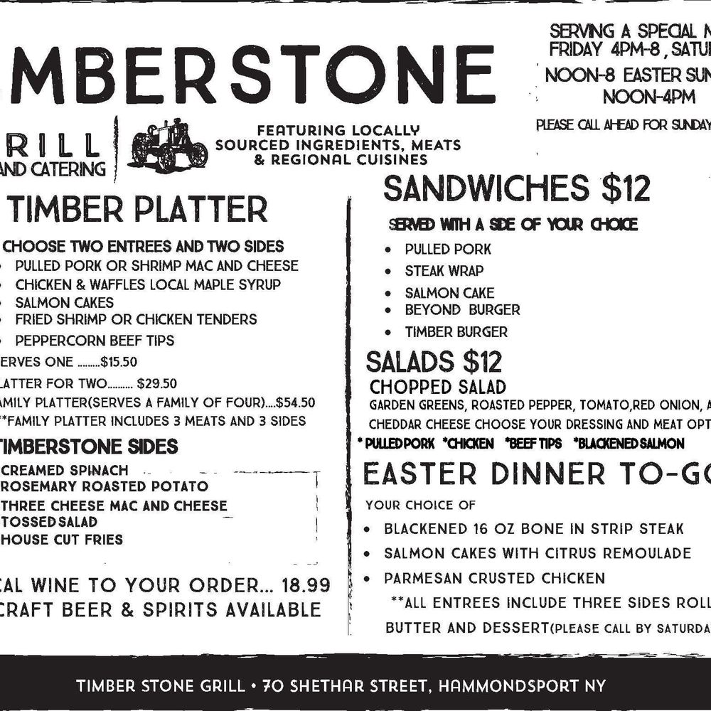 Timber Stone Grill - Coronavirus/Easter Menu - New American Near Me - Hammondsport, New York Timber Stone Grill - Coronavirus/Easter Menu - New American Near Me - Hammondsport, New York