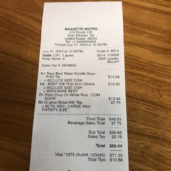 Baguette Bistro - Receipt - Vietnamese Near Me - East Windsor, New Jersey