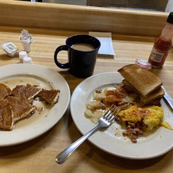 Cherry Street Diner - Ham and cheese Omelet, fried potatoes, a pancake, coffee