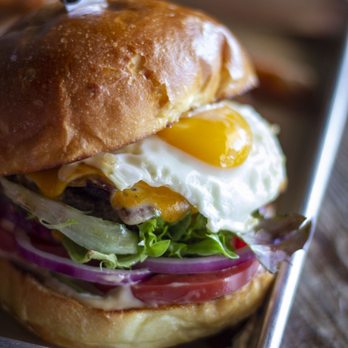 Hop Scholar Ale House - a burger with an egg and lettuce - Beer Bar Near Me - Spring, Texas