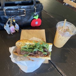 Beef sandwich and horchata latte Beef sandwich and horchata latte