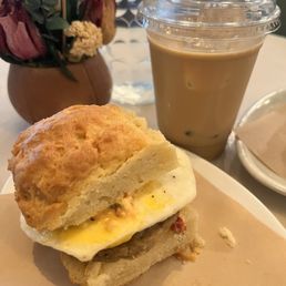 Vanilla Lavender Iced Oat Milk Latte  + Sausage Egg Pimento Cheese Biscuit (in collaboration w/ Bang Bang Pie)