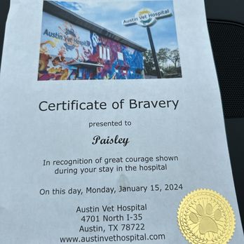 Austin Vet Hospital - Certificate of Bravery - Veterinarians Near Me - Austin, Texas