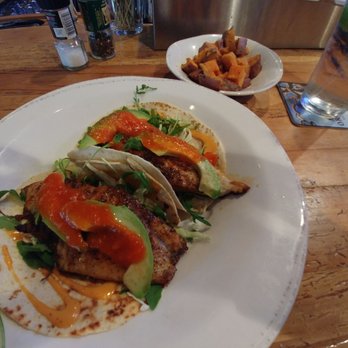 Chow Daddy's - Blackened fish tacos (tilapia) with avocado and roasted sweet potatoes. - Tacos Near Me - Bluffton, South Carolina Chow Daddy's - Blackened fish tacos (tilapia) with avocado and roasted sweet potatoes. - Tacos Near Me - Bluffton, South Carolina