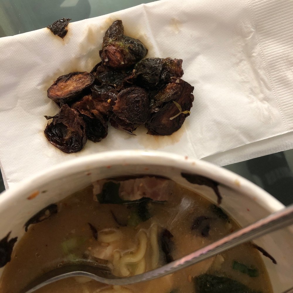 Underbelly - Wow so disappointed in underbelly $4 extra dollars to add veggies and this is what I got burnt/dead Brussel sprouts. - Ramen Near Me - San Diego, California