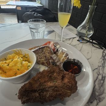 Poach Social - Fried Chicken & French Toast and scrambled eggs with cheese and a mimosa - Breakfast & Brunch Near Me - Atlanta, Georgia Poach Social - Fried Chicken & French Toast and scrambled eggs with cheese and a mimosa - Breakfast & Brunch Near Me - Atlanta, Georgia