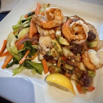 Fishack - Snapper and shrimp with cucumber, olive and avocado relish. Rice and veggies. Amazing! - Seafood Near Me - Vero Beach, Florida Fishack - Snapper and shrimp with cucumber, olive and avocado relish. Rice and veggies. Amazing! - Seafood Near Me - Vero Beach, Florida