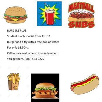Burgers Plus - Student lunch special
Monday to Friday - Burgers Near Me - Espanola, Ontario Burgers Plus - Student lunch special
Monday to Friday - Burgers Near Me - Espanola, Ontario