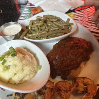 Lost & Found - Grilled Salmon & Shrimp with bbq sauce, mashed potato's and string beans - Cocktail Bars Near Me - Houston, Texas