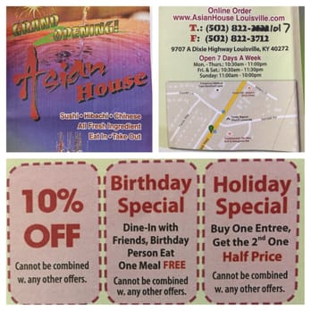 Asian House - Shows location, hours, and even some of the recent coupons to take advantage of! - Sushi Bars Near Me - Louisville, Kentucky