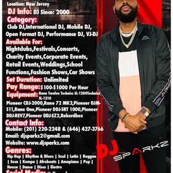Dj Sparkz - Personal Bio & Information,Category,Availability,Duration,Pay Range,Equipment,Contact Information,Genres,Social Media