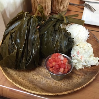 Da Kitchen Maui - Ti leaf wrapped pork and taro leafs with a salmon tomato salsa thing on the side. Just alright. - Hawaiian Near Me - Kihei, Hawaii Da Kitchen Maui - Ti leaf wrapped pork and taro leafs with a salmon tomato salsa thing on the side. Just alright. - Hawaiian Near Me - Kihei, Hawaii