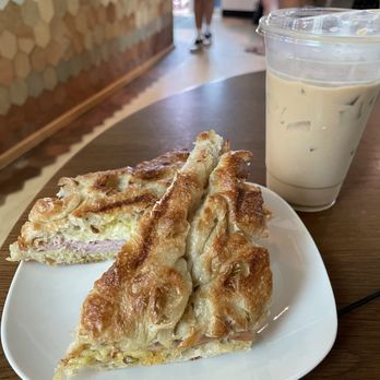 Cloche coffee - Ham and Swiss panini and iced latte - Coffee & Tea Near Me - Durham, North Carolina