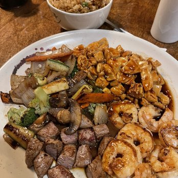 Tokyo Sushi Grill - Combo steak chicken and shrimp. Upgraded to filet. Worth the extra $2.50 - Japanese Near Me - Clemson, South Carolina Tokyo Sushi Grill - Combo steak chicken and shrimp. Upgraded to filet. Worth the extra $2.50 - Japanese Near Me - Clemson, South Carolina