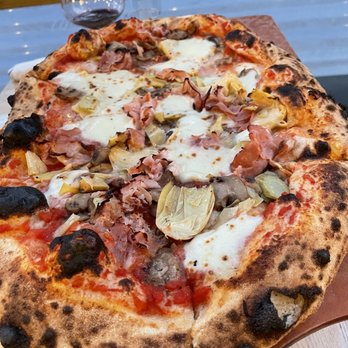 Macoletta - Pizza with artichokes, mushrooms and pancetta - Italian Near Me - Astoria, New York Macoletta - Pizza with artichokes, mushrooms and pancetta - Italian Near Me - Astoria, New York