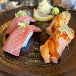 Otoro (left) and Seared Salmon Nigiri (right)