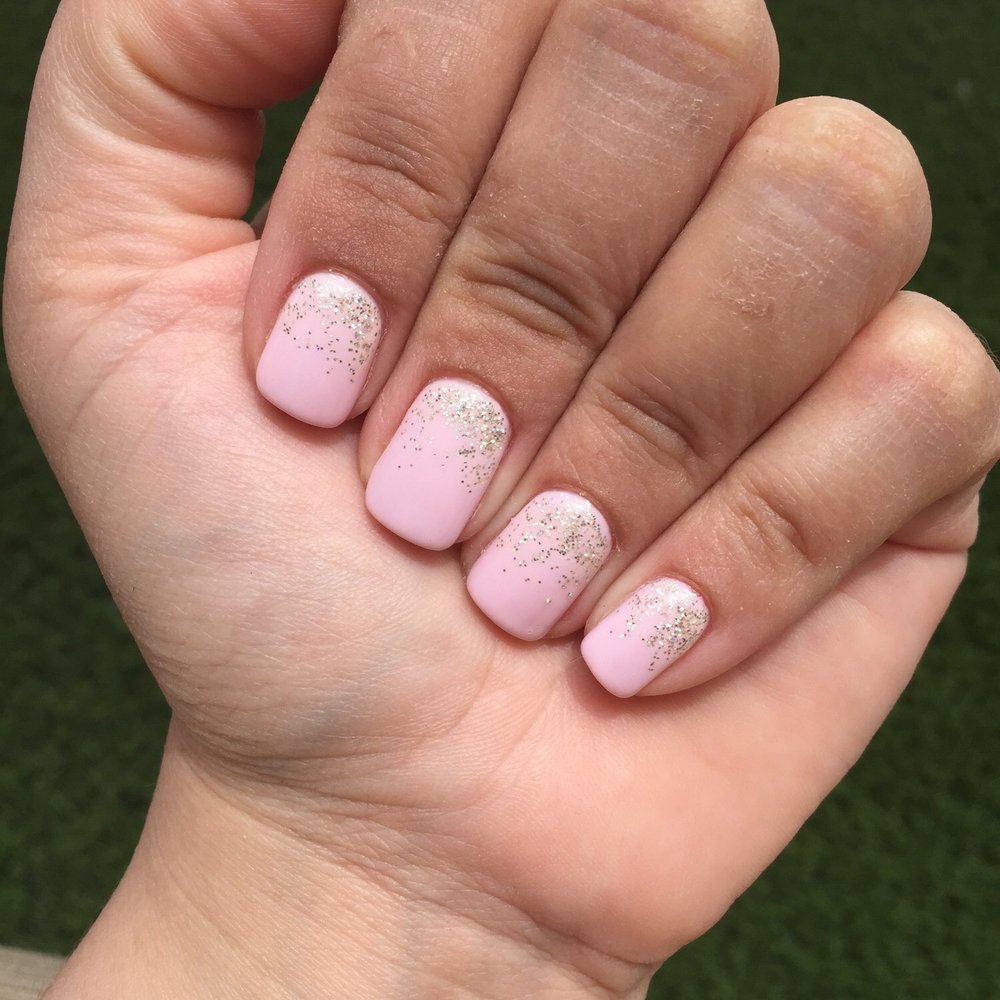 Montrose Nails - Light pink mani with gold glitter details - Nail Salons Near Me - Houston, Texas Montrose Nails - Light pink mani with gold glitter details - Nail Salons Near Me - Houston, Texas