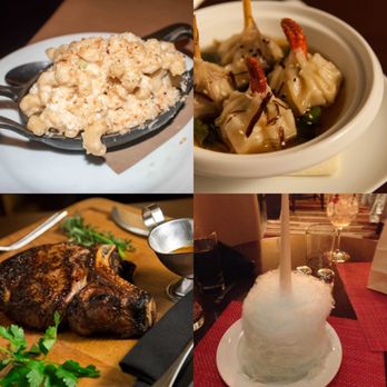 David Burke Prime - Surf and Turf Dumplings, (lobster and short rib) top right, Candied Bacon Mac and Cheese top left, Banana Cotton Candy bottom right - Steakhouses Near Me - Mashantucket, Connecticut