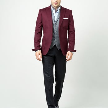 Samson - Veste sur mesure en drap laine et cachemire grenat, 2 boutons, 3 poches plaquées, col pointe 510 €. - Men's Clothing Near Me - Paris, 75