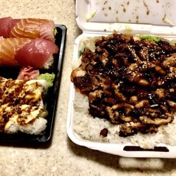 Teriyaki chicken (right), rainbow roll (top left) and cowboy roll (bottom left)