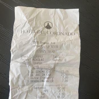 Hotel del Coronado, Curio Collection by Hilton - Receipt - Coronado, CA