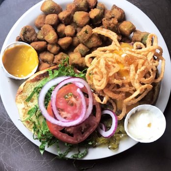Mayfel's - Burger with cheddar, mushrooms, and onion crispier. - Southern Near Me - Asheville, North Carolina Mayfel's - Burger with cheddar, mushrooms, and onion crispier. - Southern Near Me - Asheville, North Carolina