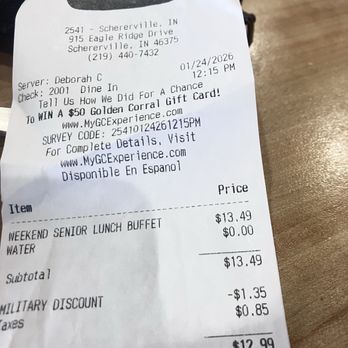 Golden Corral Buffet & Grill - Receipt - Buffets Near Me - Schererville, Indiana Golden Corral Buffet & Grill - Receipt - Buffets Near Me - Schererville, Indiana