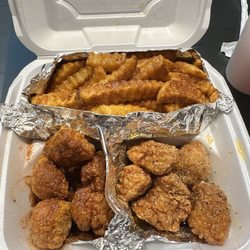 Mr. PJ's Go Wings & Hibachi - Honey garlic & honey Cajun boneless wings w/ honey Cajun fries.