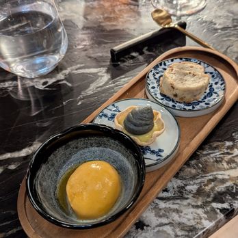 Ram & Rooster - Dim Sum Dessert - Cinnamon persimmon sorbet, black sesame yuzu tart, walnut cookie - New American Near Me - Metuchen, New Jersey