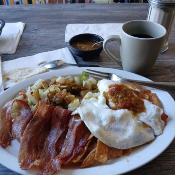 El Pueblo Restaurant - Chilaquiles with aggs, hot salsa and coffee - Mexican Near Me - Covina, California