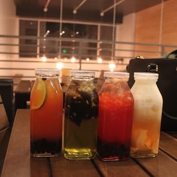 Plentea - Left to right: honey lemon black tea, honeydew oolong tea with grass jelly, strawberry fruit tea with fruit bits, sea salt crema - Tea Rooms Near Me - San Francisco, California