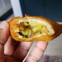 Tamu Grill and Catering - Interior of veggie samosa ($5), vegan by default. Oily/bland. Didn't love the mushy interior.