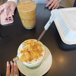 Corn flake matcha latte and freddo cappuccino Corn flake matcha latte and freddo cappuccino